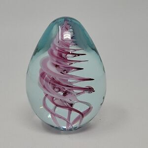 OBG Pink Egg Swirl Paperweight Signed 1991 Vintage 3.25" Ornamental Blown Glass